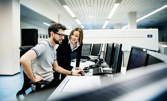 Zwei Büroangestellte sitzen am Computer und besprechen sich.